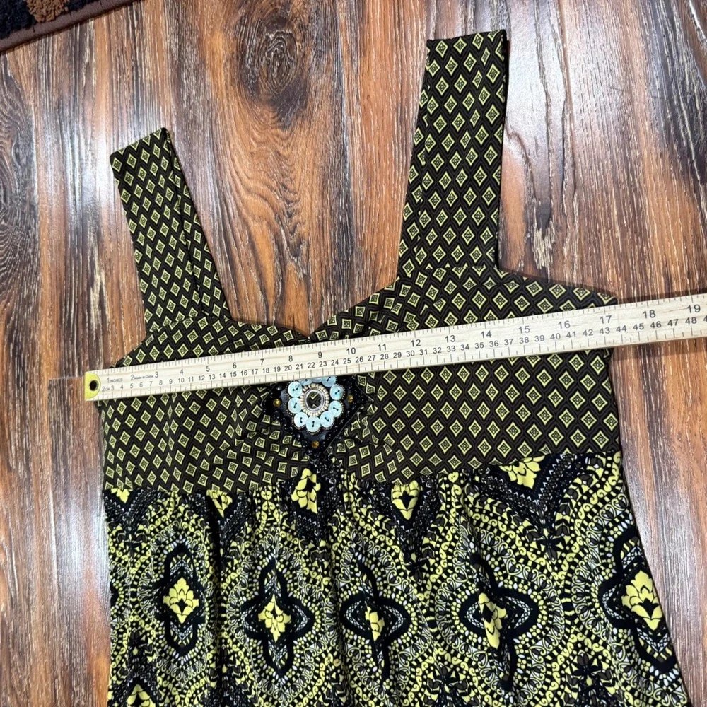 Y2K Cato L Maxi Dress Womens Yellow Black Geometric Medallion Boho Ruffle Hem